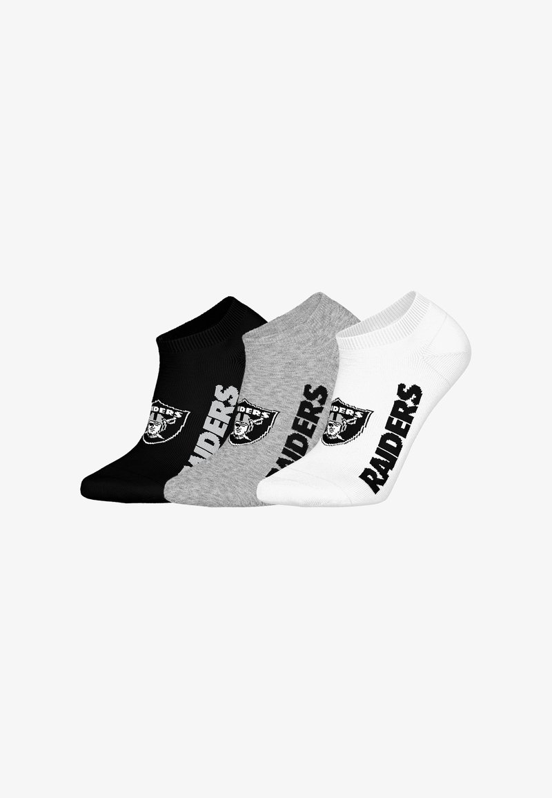 Three pairs of ankle socks in black, gray, and white. Each features the word "RAIDERS" and a logo in black. Cotton blend material.