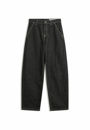 Zwarte hoge taille wijdlopende jeans met voorkruiken, knoopsluiting en zichtbare beige stiksels op een witte achtergrond.