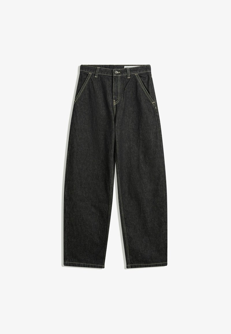 Blugi negri cu talie înaltă, cu picioare largi, cu buzunare frontale, închidere cu nasture și cusături bej vizibile pe un fundal alb.