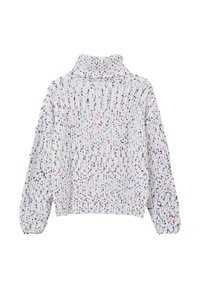 Pull en maille épaisse de couleur blanche avec des éclats multicolores. Il présente un col montant à côtes et de longues manches légèrement bouffantes.