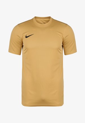 Gold short-sleeve Nike t-shirt made of smooth, lightweight fabric. Features a black Nike logo on the left chest and a crew neckline.