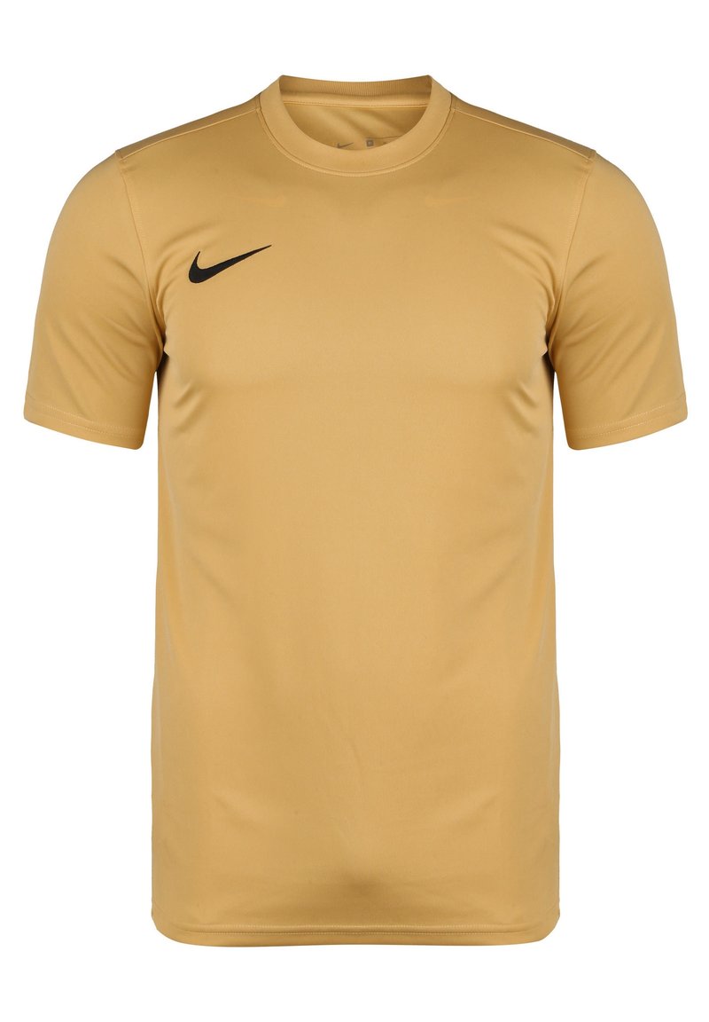 T-shirt Nike a maniche corte di colore oro realizzato in tessuto leggero e morbido. Presenta un logo Nike nero sul lato sinistro del petto e un collo a giro.
