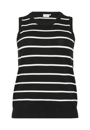 Ærmeløs top i sort og hvid med striber, lavet i et blødt strikstof; har en rund halsudskæring og en afslappet pasform. Tynde, vandrette striber.