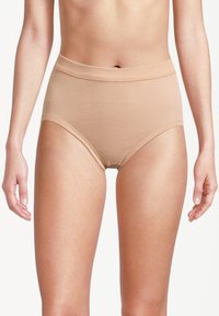 Beige high-waisted underwear with a smooth texture and elastic waistband. Features a full coverage design, suitable for comfortable wear.