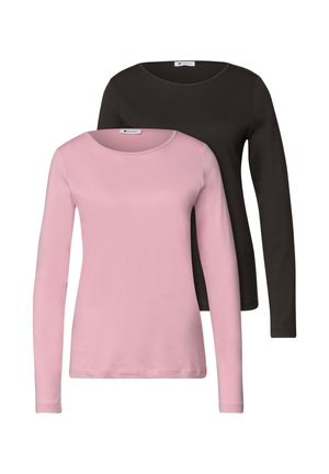 Deux t-shirts à manches longues col rond, un rose devant et un noir derrière, affichés sur un fond blanc.