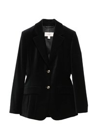 Czarna aksamitna marynarka z klapami, dwie przednie kieszenie i złote guziki. Posiada gładką podszewkę i dopasowany krój.