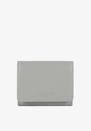 Gray leather wallet with a textured surface, bi-fold design, and stitched edges. Features embossed brand name on the front.