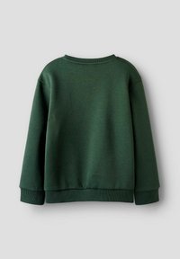 Sweatshirt à manches longues de couleur vert foncé avec des poignets, un ourlet et un col côtelés, présenté à plat sur un fond gris clair.