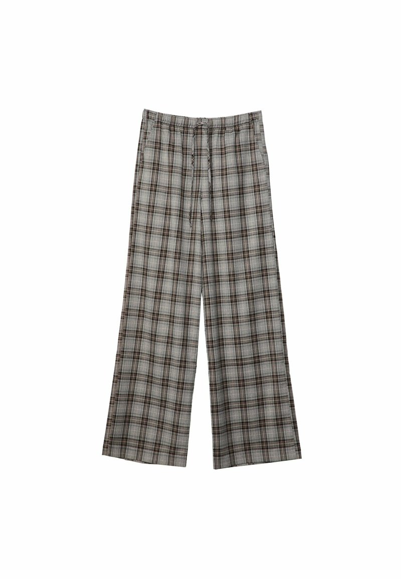 Grau karierte weit geschnittene Hose aus leichtem Stoff, mit einem Kordelzugbund und lockerer Passform, im Schottenmuster in Braun und Schwarz.