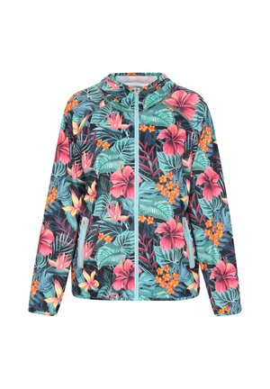 Jachetă cu glugă dintr-un material ușor, având un model floral tropical vibrant, cu flori roz și portocalii pe un fundal închis. Cu fermoar în față.