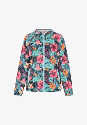 Huppari kevyestä kankaasta, jossa on kirkas trooppinen kukkakuosi, jossa on vaaleanpunaisia ja oransseja kukkia tummalla taustalla. Vetoketjullinen etuosa.