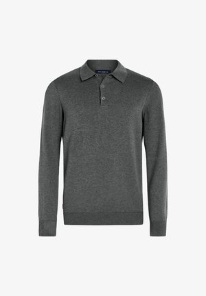 Donkergrijs poloshirt met lange mouwen van gebreide stof, voorzien van een klassieke kraag, drie knopen en geribde manchetten en zoom.