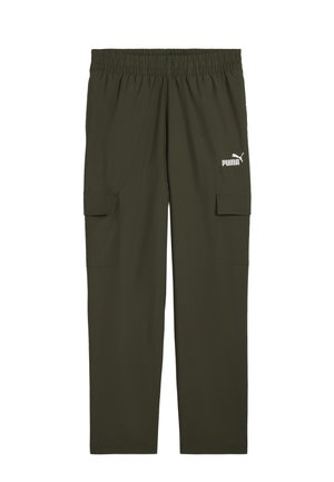 Pantaloni cargo verde oliva con vita elasticizzata, due tasche laterali e un logo Puma bianco stampato sul davanti. Tessuto dalla consistenza liscia.