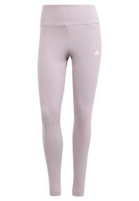 Ljust lavendel leggings med hög midja, tillverkade av ett slätt tyg. Har en liten vit logo på vänster sida. Åtsittande design.