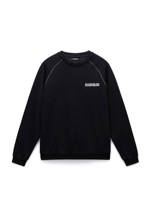 Sort sweatshirt med raglanærmer, ribbet hals og manchetter. Har logo detaljer foran. Materialet ser blødt og struktureret ud.