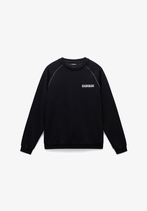 Schwarzer Sweatshirt mit Raglanärmeln, geripptem Hals- und Armabschluss. Hat ein Logo-Detail auf der Vorderseite. Das Material scheint weich und strukturiert zu sein.