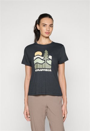 Dark gray cotton t-shirt featuring a graphic with mountains, a sun, and a tree. Text "COLUMBIA" in white at the bottom. Short sleeves.