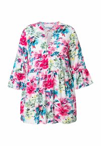 Blumendruckkleid mit V-Ausschnitt, ausgestellten Ärmeln und einem gestuften Rock. Es hat lebendige rosa, grüne und gelbe Blumen auf einem weißen Hintergrund.