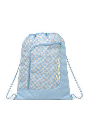 Light blue drawstring bag with front zipper pocket, checkered pattern with purple flowers, and yellow "Satch" logo on the side.