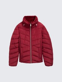 Rote Steppjacke mit hohem Kragen, horizontalen Steppnähten und metallischem Reißverschluss. Verfügt über zwei Seitentaschen und ein weiches Innenfutter.