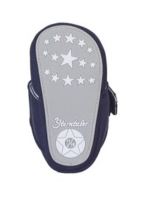 Dark blue fabric shoe with a gray rubber sole featuring a star pattern, brand logo "Sterntaler," and size "17/18" marked within a star.
