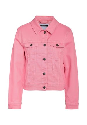 Roze spijkerjack met een klassiek ontwerp, knoopsluiting aan de voorkant, puntige kraag en twee borstzakken, met contrasterende zwarte knopen.