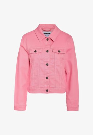Růžová denimová bunda s klasickým designem, zapínáním na knoflíky, špičatým límcem a dvěma náprsními kapsami, s kontrastními černými knoflíky.