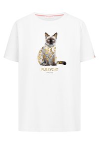 Witte katoenen T-shirt met een illustratie van een zittende kat, accentueert met gouden luipaardprint. Onderstaand staat de tekst "PUSSYCAT FRIEDA."