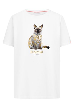 Witte katoenen T-shirt met een illustratie van een zittende kat, accentueert met gouden luipaardprint. Onderstaand staat de tekst "PUSSYCAT FRIEDA."