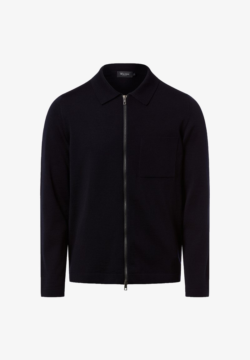 Veste en tricot à manches longues de couleur bleu marine foncé avec col, fermeture éclair à l'avant et poche sur le côté gauche de la poitrine, présentée sur fond blanc.