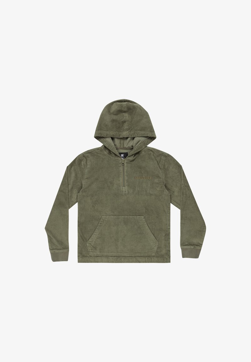 Olivovo zelená kapucňová mikina vyrobená z mäkkého manšestru, s prednou vreckovou kapsou a polovičným zipsom. Jednoduchý dizajn a textúra.