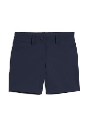 Marineblå shorts med frontlommer, bæltestropper og knaplukning, lagt fladt mod en hvid baggrund.