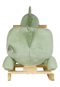 Green plush rocking toy with a soft texture. Features a wooden base and a corded tail, displaying simplistic, rounded shapes and minimal details.