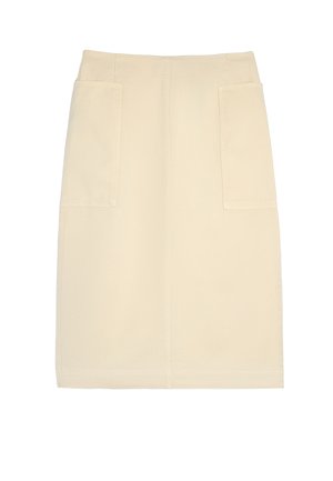 Beżowa bawełniana spódnica o prostym kroju, z dwiema przednimi kieszeniami, średnim stanem i zdobieniami w postaci szwów.