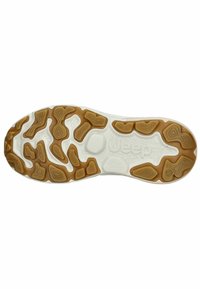 Gumová podrážka s vlnitým vzorem; bílý základ s hnědými akcenty a texturovanými sekcemi. Obsahuje logo "Jeep" na mezipodrážce.