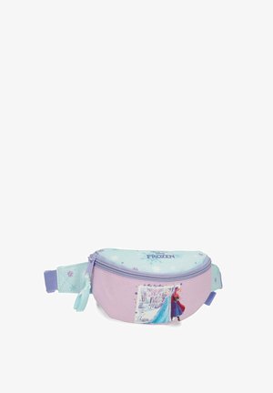 Riñonera infantil temática de Frozen en tonos pastel púrpura y azul con cremallera, con los personajes Elsa y Anna.