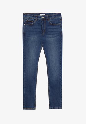 Jeans denimowe w ciemnym odcieniu niebieskiego, o slim fit, klasycznym pięciopocketowym fasonie oraz kontrastowym szwie wzdłuż szwów.