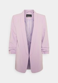 Fialový blazer s klopou, tříčtvrtečními rukávy a hladkým vnitřním podšíváním. Má přizpůsobený střih a minimalistický design.