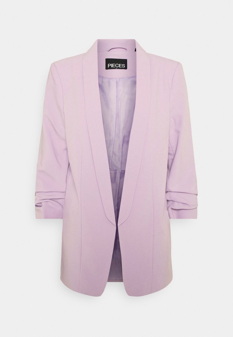 Fialový blazer s klopou, tříčtvrtečními rukávy a hladkým vnitřním podšíváním. Má přizpůsobený střih a minimalistický design.