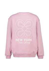 Felpa rosa chiaro con la scritta "NEW YORK" e "Tennis Society" accompagnata da un motivo decorativo sul retro. Tessuto morbido.