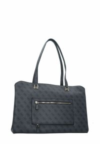 Zwarte tote bag van gestructureerd synthetisch materiaal, met een voorvak met rits en dubbele schouderbanden met zilverkleurige accenten.