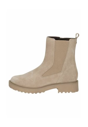 Beige suede ankle boot with elastic side panels, rounded toe, and chunky outsole for traction. Features a pull tab at the back.