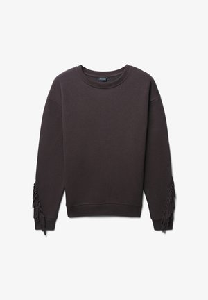 Sweatshirt marron foncé avec un col rond et des accents frangés sur les poignets. Fabriqué en tissu doux avec une coupe décontractée.