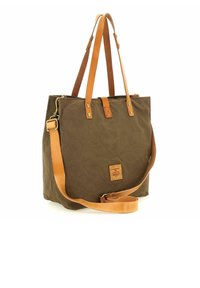 Borsa tote in tela marrone con manici in pelle color cuoio, caratterizzata da una toppa quadrata in pelle e accessori in ottone. Tracolla regolabile inclusa.