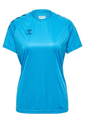 Blaues Sport-T-Shirt aus glattem, leichtem Stoff. Mit kurzen Ärmeln, Rundhalsausschnitt und schwarzen Akzenten an den Schultern.