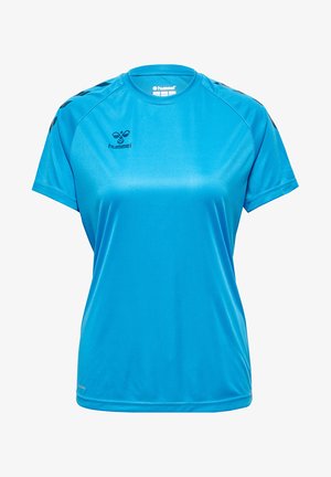 Blauw sport T-shirt van soepel, lichtgewicht materiaal. Heeft korte mouwen, een ronde halslijn en zwarte accenten op de schouders.
