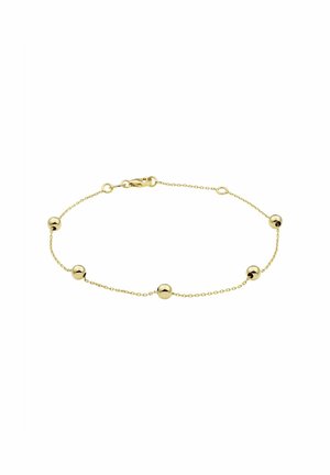 Goldene Gliederarmband mit fünf gleichmäßig verteilten, kugelförmigen Akzenten entlang der Kette, sichere Verschlussvorrichtung, glatte Textur.