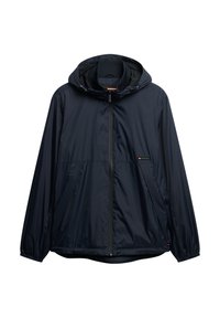 Navy windbreaker jacket with a hood, front zipper, elastic cuffs, and straight hem. Made of lightweight, water-resistant fabric.
