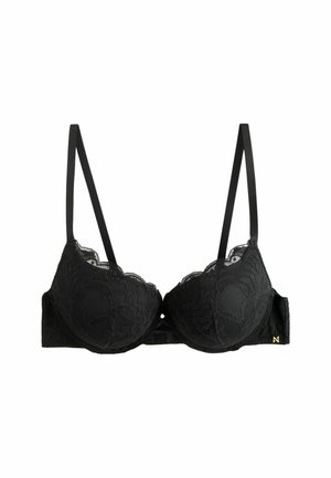 Reggiseno in pizzo nero con coppe imbottite, spalline regolabili e motivo floreale. Ha una superficie liscia e un dettaglio dorato.