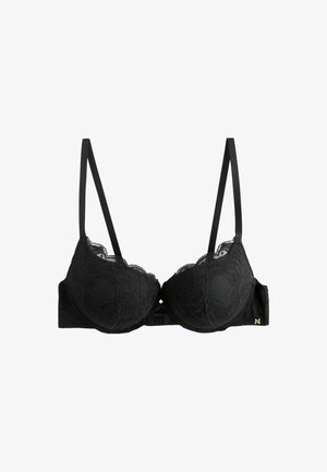 Soutien-gorge en dentelle noire avec bonnets rembourrés, bretelles réglables et un motif floral. Il possède une texture lisse et un détail en accent doré.